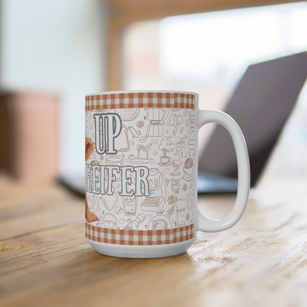 Cozy Farmhouse Mug,  Wake Up Heffier! Cute Cow Coffee Cup, Rustic Kitchen Decor, Animal Lover Gift, Farmhouse Chic Mug