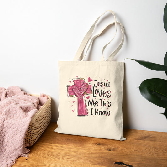 Jesus Loves Me Canvas Tote Bag – Faith Cross Heart Grocery & Church Shopper