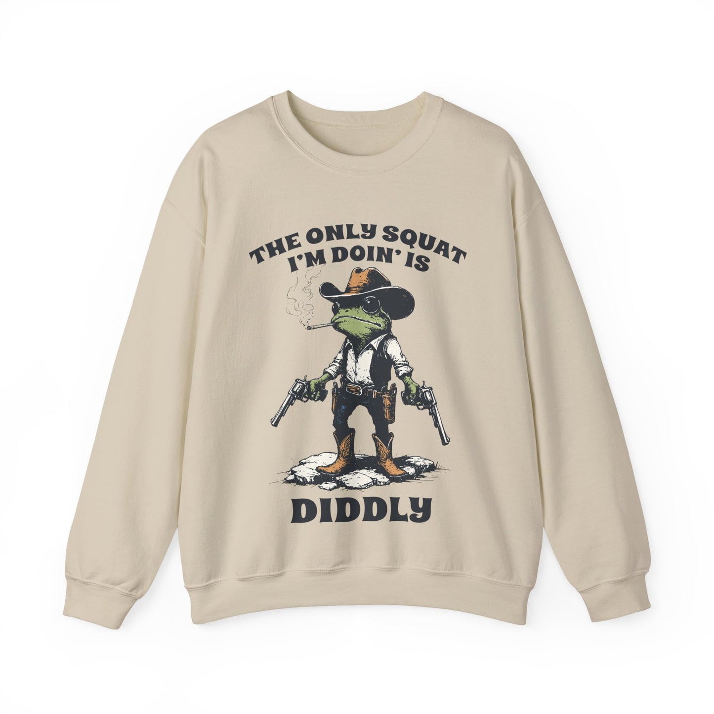 Funny Frog Sweatshirt – Cozy Crewneck with Cowboy Boots & Cheeky Quote “The Only Squat I’m Doin’ is Diddly” – Humorous Casual Fleece Pullover