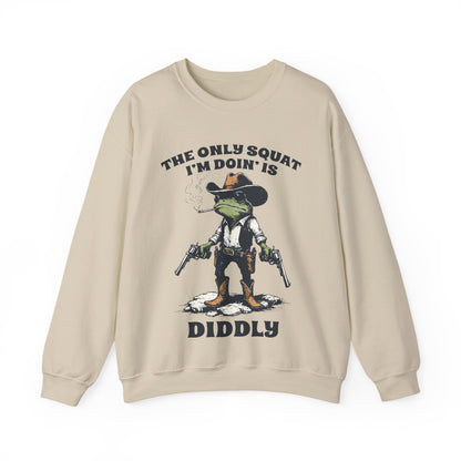 Funny Frog Sweatshirt – Cozy Crewneck with Cowboy Boots & Cheeky Quote “The Only Squat I’m Doin’ is Diddly” – Humorous Casual Fleece Pullover
