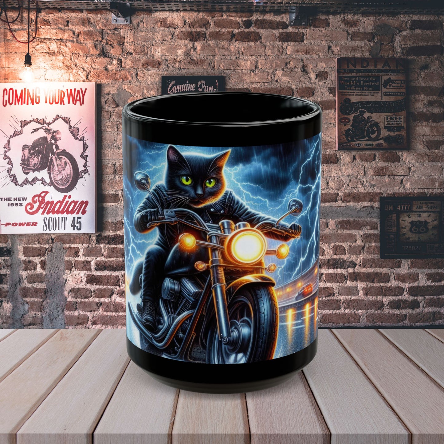 Biker Cat Riding Through Lightning mug - ceramic gift mug (11oz/15oz)