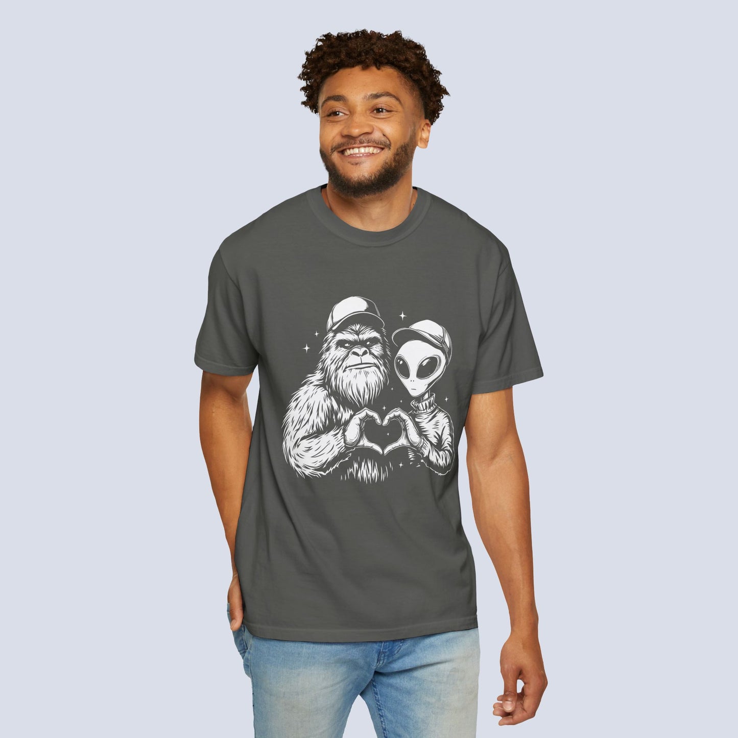 Alien & Sasquatch Heart Tee — Funny UFO Bigfoot Graphic T-Shirt