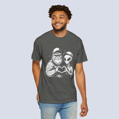 Alien & Sasquatch Heart Tee — Funny UFO Bigfoot Graphic T-Shirt