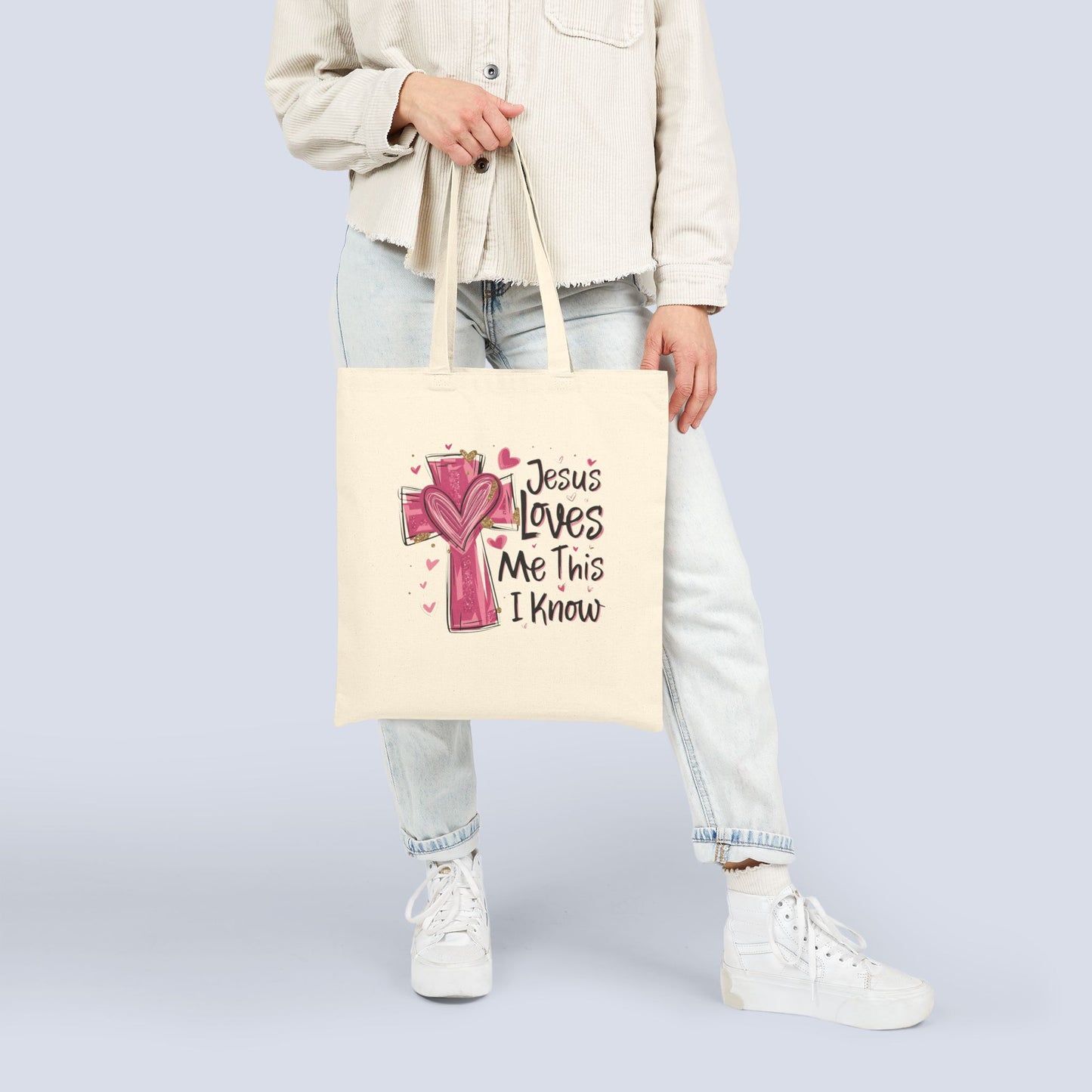 Jesus Loves Me Canvas Tote Bag – Faith Cross Heart Grocery & Church Shopper