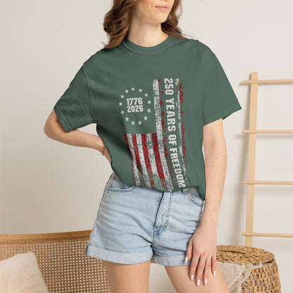 "250 Years of Freedom 1776–2026" Distressed American Flag Patriotic Tee