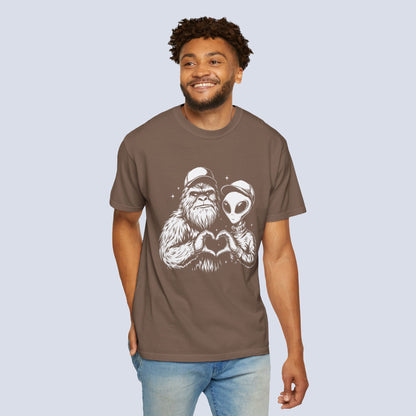 Alien & Sasquatch Heart Tee — Funny UFO Bigfoot Graphic T-Shirt
