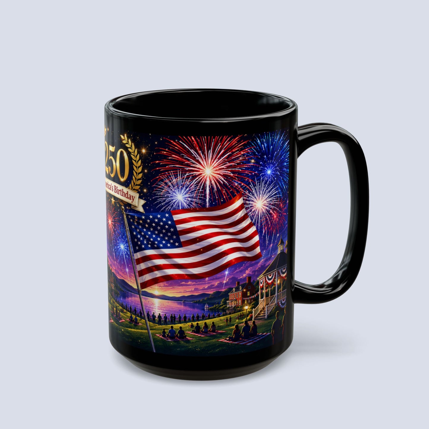 250th America’s Birthday Flag Mug — Patriotic Fireworks Coffee Cup