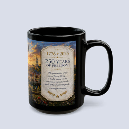 250 Years of Freedom Black Mug( Liberty at Dawn) Collector's Edition — 1776–2026 Patriotic American Flag Coffee Cup