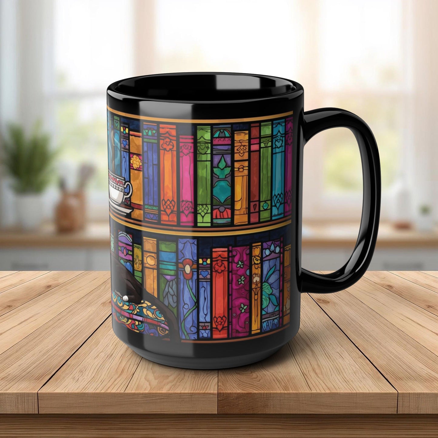 Black Cat Stained Glass Mug – Colorful Gothic Cat Coffee Mug, Artistic Cat Lover Gift, Vibrant Mosaic Cat Cup (11oz & 15oz)