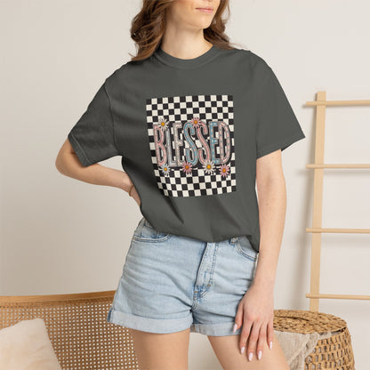 Blessed Checkerboard Floral Shirt | Retro Aesthetic Graphic Tee | Cute Trendy Boutique T-Shirt | Comfort Colors 1717 Unisex Tee