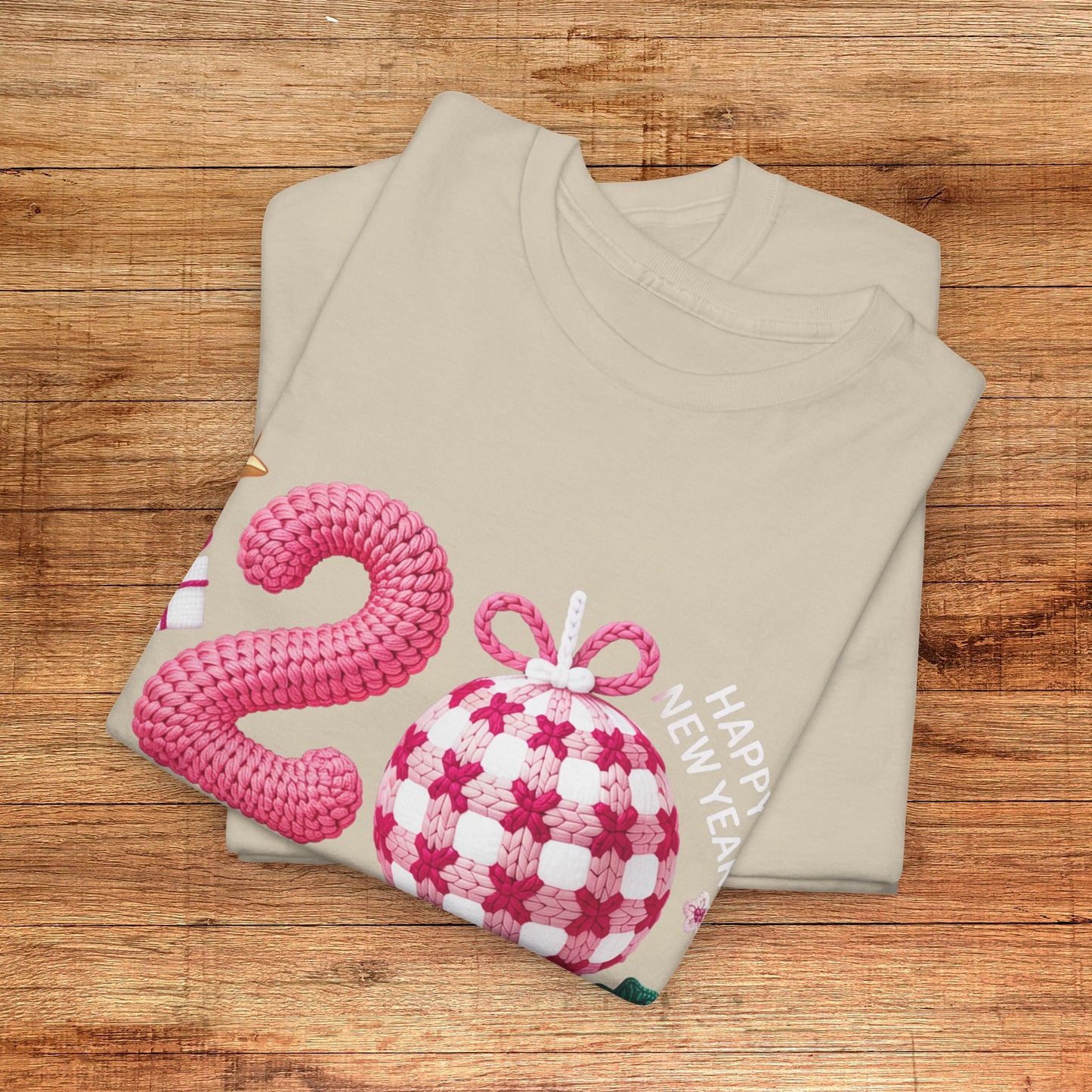 2026 Christmas Knit Style T-Shirt – Cozy Holiday Graphic Tee with Pink Plaid Ornament & Festive Details