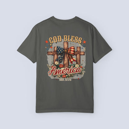 Patriotic God Bless America T-Shirt — Est. 1776 Flag Bow Tee