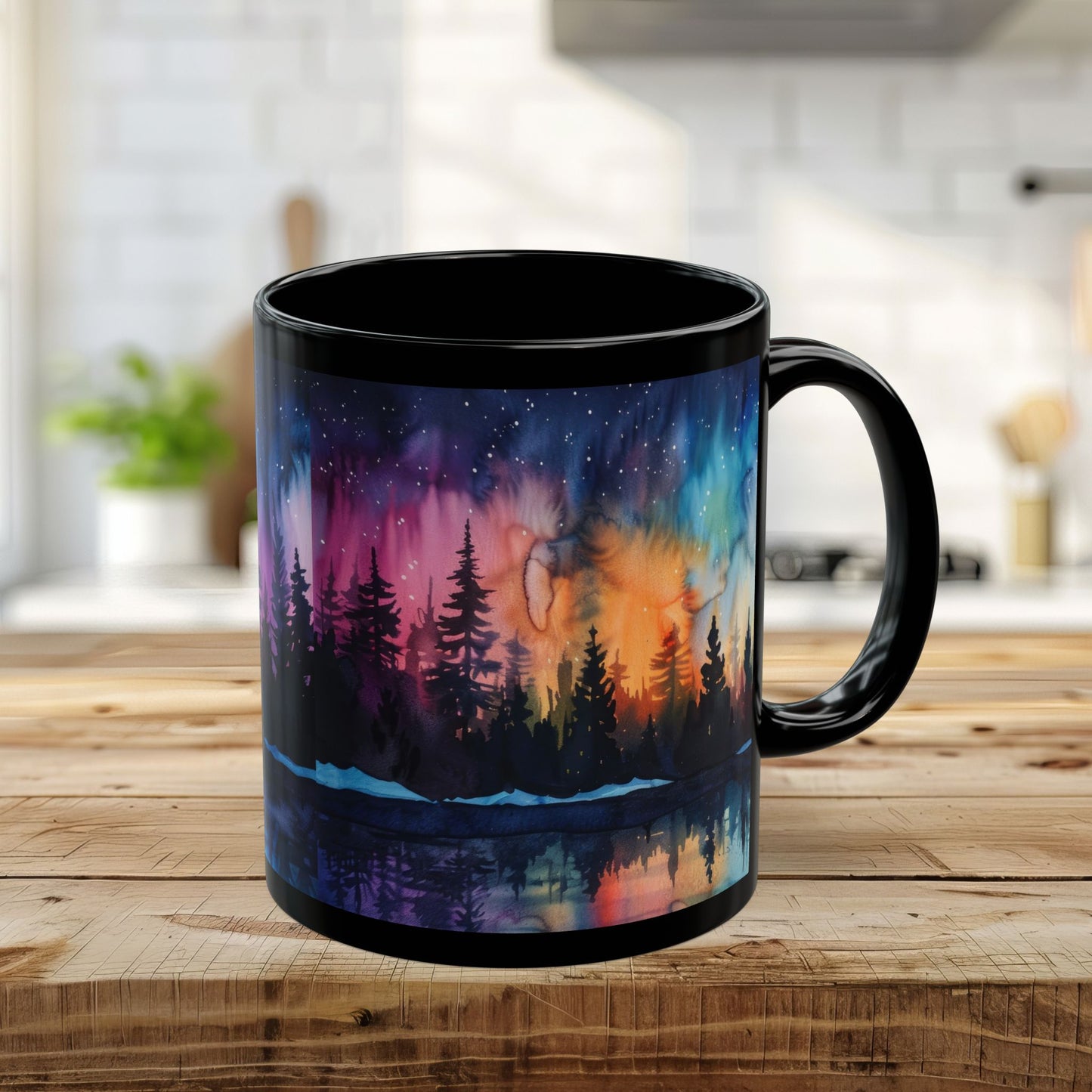 Aurora Forest Black Ceramic Mug | Northern Lights Nightscape Coffee Cup | 11oz & 15oz Mug