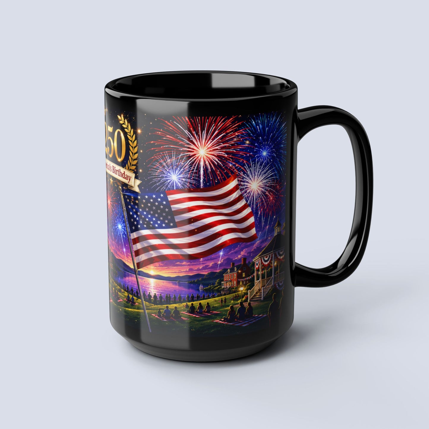 250th America’s Birthday Flag Mug — Patriotic Fireworks Coffee Cup