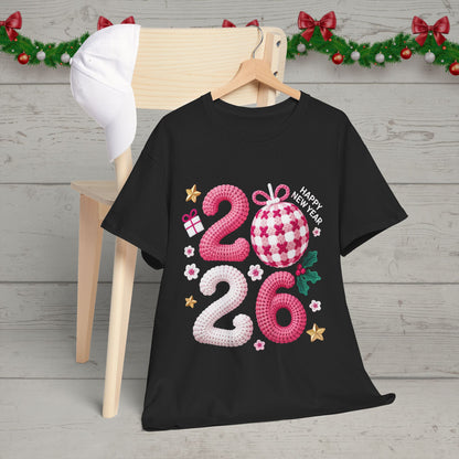 2026 Christmas Knit Style T-Shirt – Cozy Holiday Graphic Tee with Pink Plaid Ornament & Festive Details