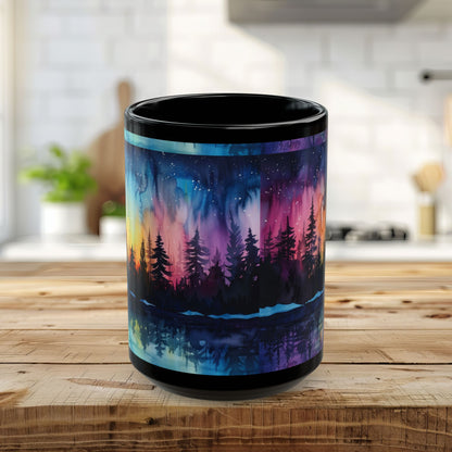 Aurora Forest Black Ceramic Mug | Northern Lights Nightscape Coffee Cup | 11oz & 15oz Mug