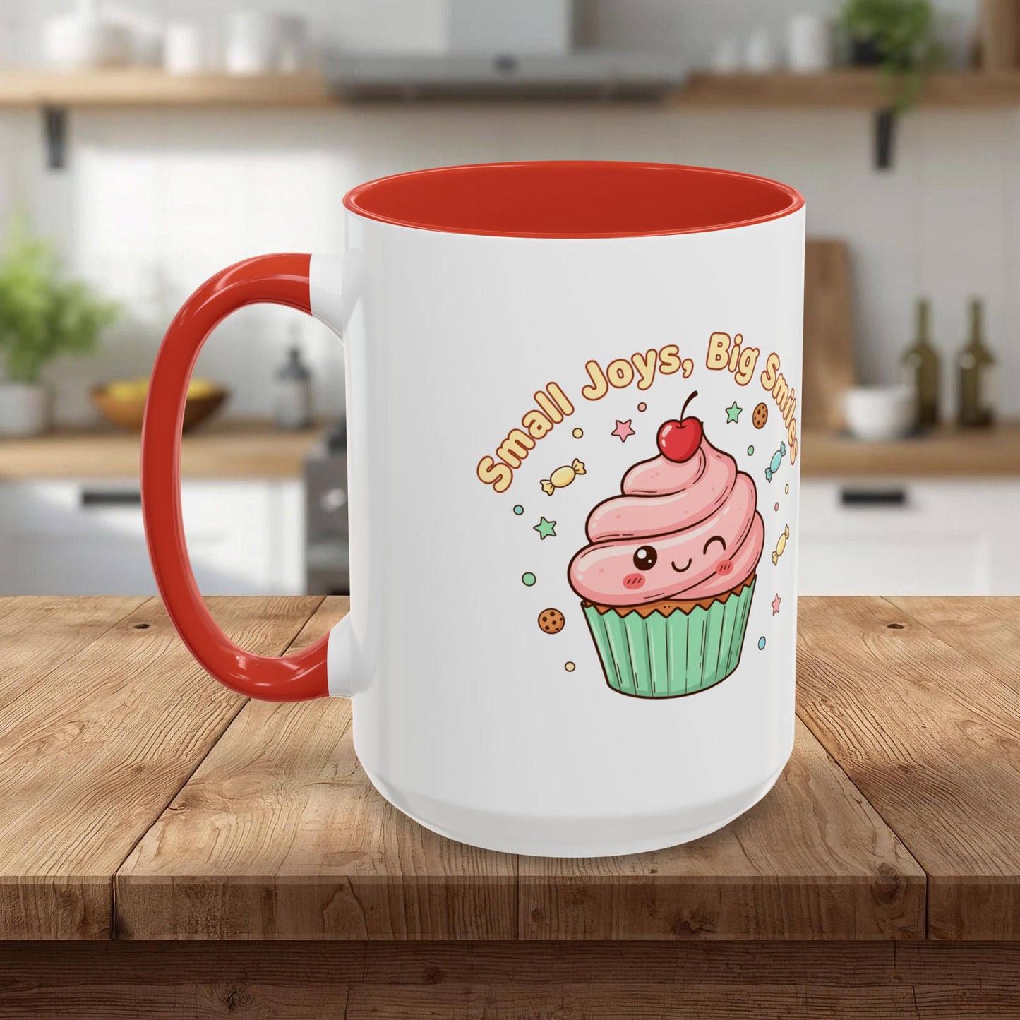Cupcake Mug - "Small Joys, Big Smiles" Cute Kawaii Accent Coffee Mug/ Gift Mug (11/15oz)