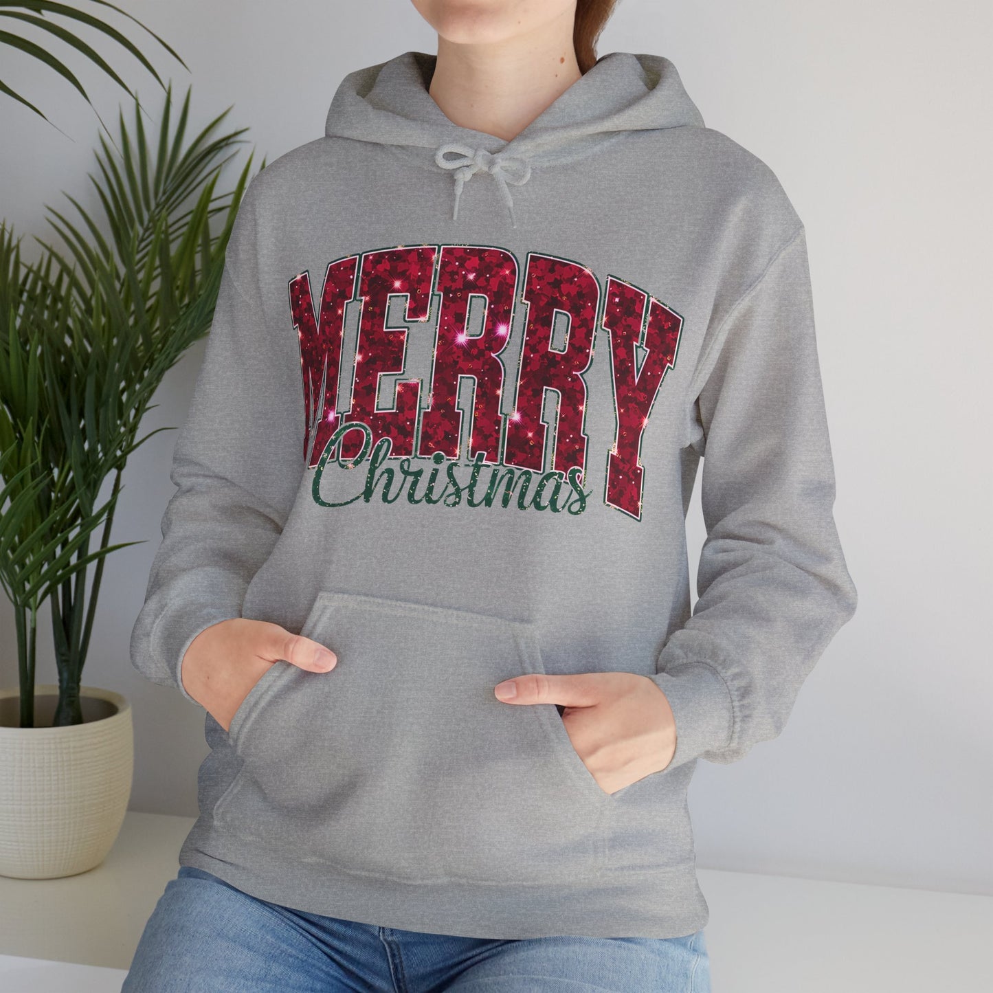 Merry Christmas Glitter Hoodie – Festive Holiday Sparkle Pullover, Cozy Christmas Sweatshirt, Winter Gift