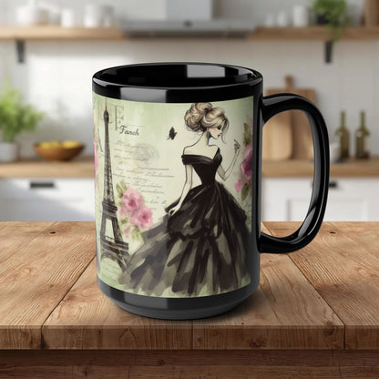 Parisian Daydream Black Mug – Romantic Eiffel Tower Watercolor Coffee Cup (15oz)