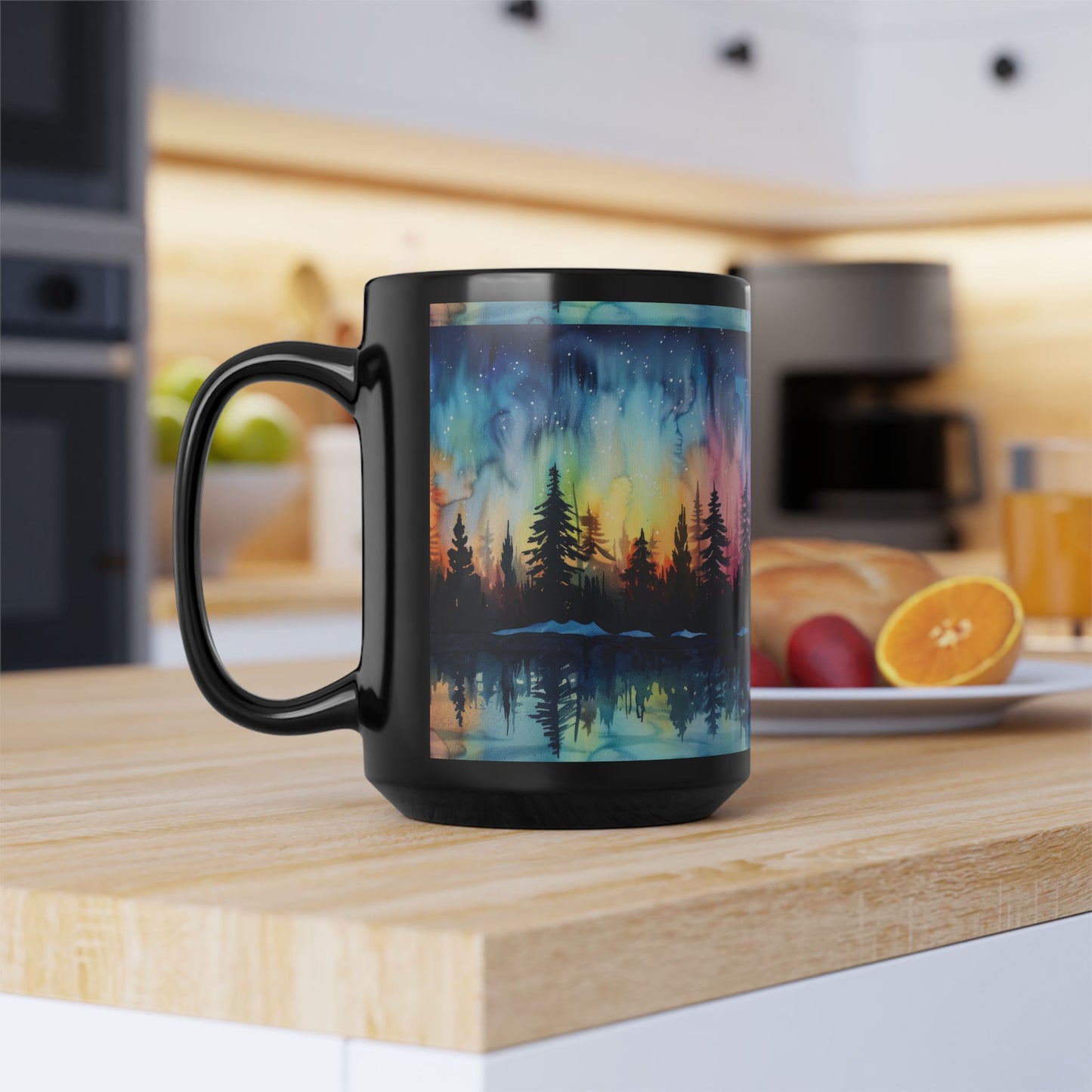Aurora Forest Black Ceramic Mug | Northern Lights Nightscape Coffee Cup | 11oz & 15oz Mug