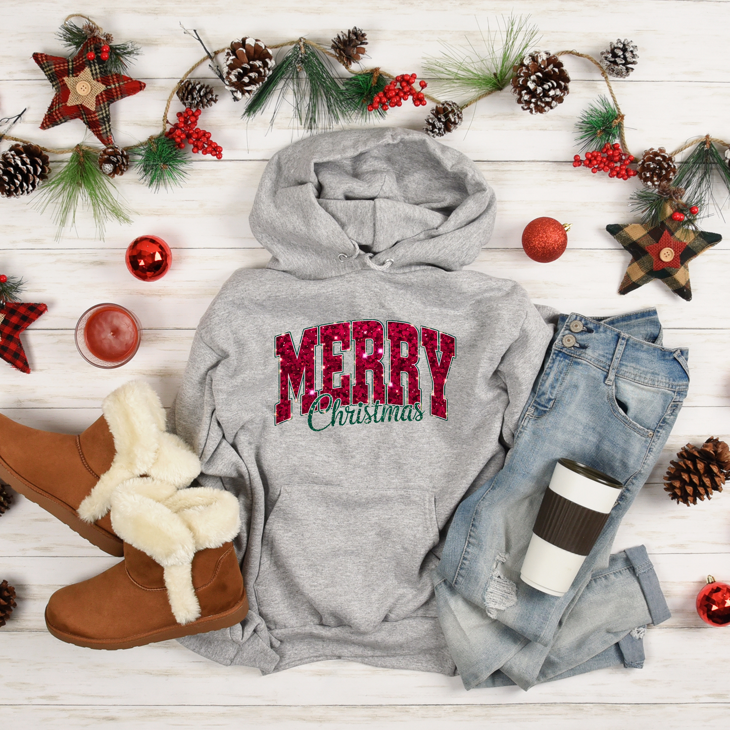 Merry Christmas Glitter Hoodie – Festive Holiday Sparkle Pullover, Cozy Christmas Sweatshirt, Winter Gift