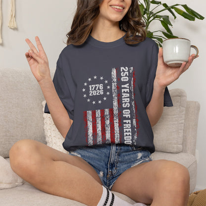 "250 Years of Freedom 1776–2026" Distressed American Flag Patriotic Tee