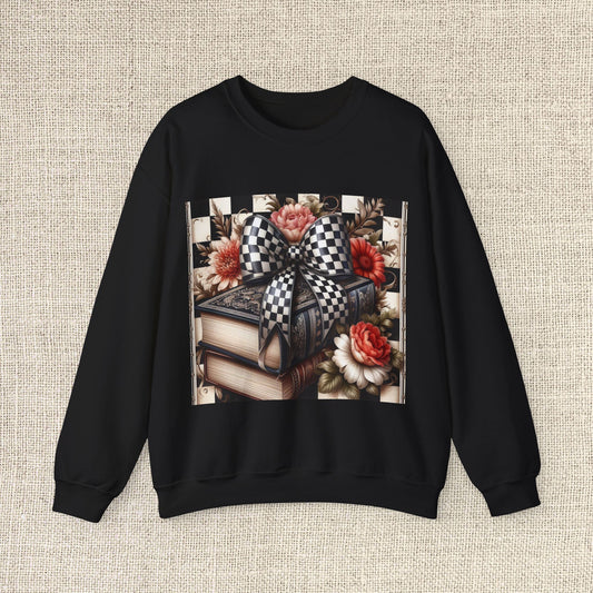 Checkered Bow Book Stack Sweatshirt – Vintage Floral Aesthetic Cozy Gildan 18000 Crewneck