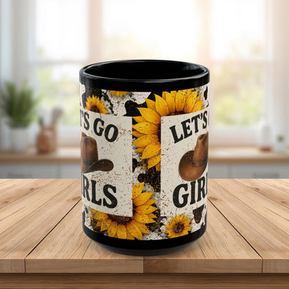 Let’s Go Girls Black Ceramic Mug, Country Sunflower Coffee Cup 11oz & 15oz