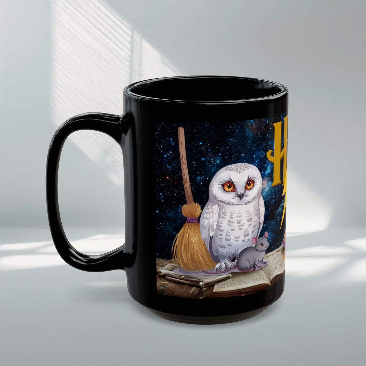 Magical Owl & Cat Mug – Black Fantasy Coffee Cup 11 oz-15 oz