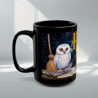 Magical Owl & Cat Mug – Black Fantasy Coffee Cup 11 oz-15 oz