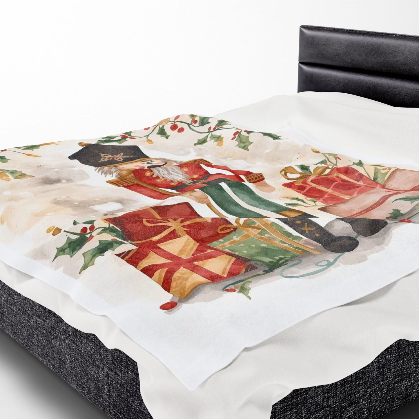 Nutcracker Christmas Velveteen Plush Blanket – Festive Holiday Throw with Presents & Holly