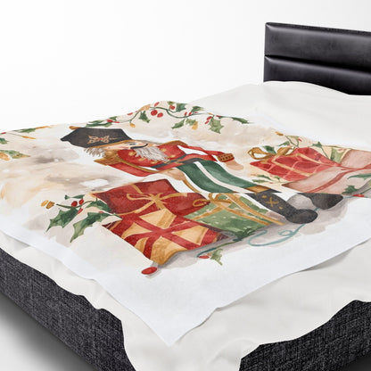 Nutcracker Christmas Velveteen Plush Blanket – Festive Holiday Throw with Presents & Holly