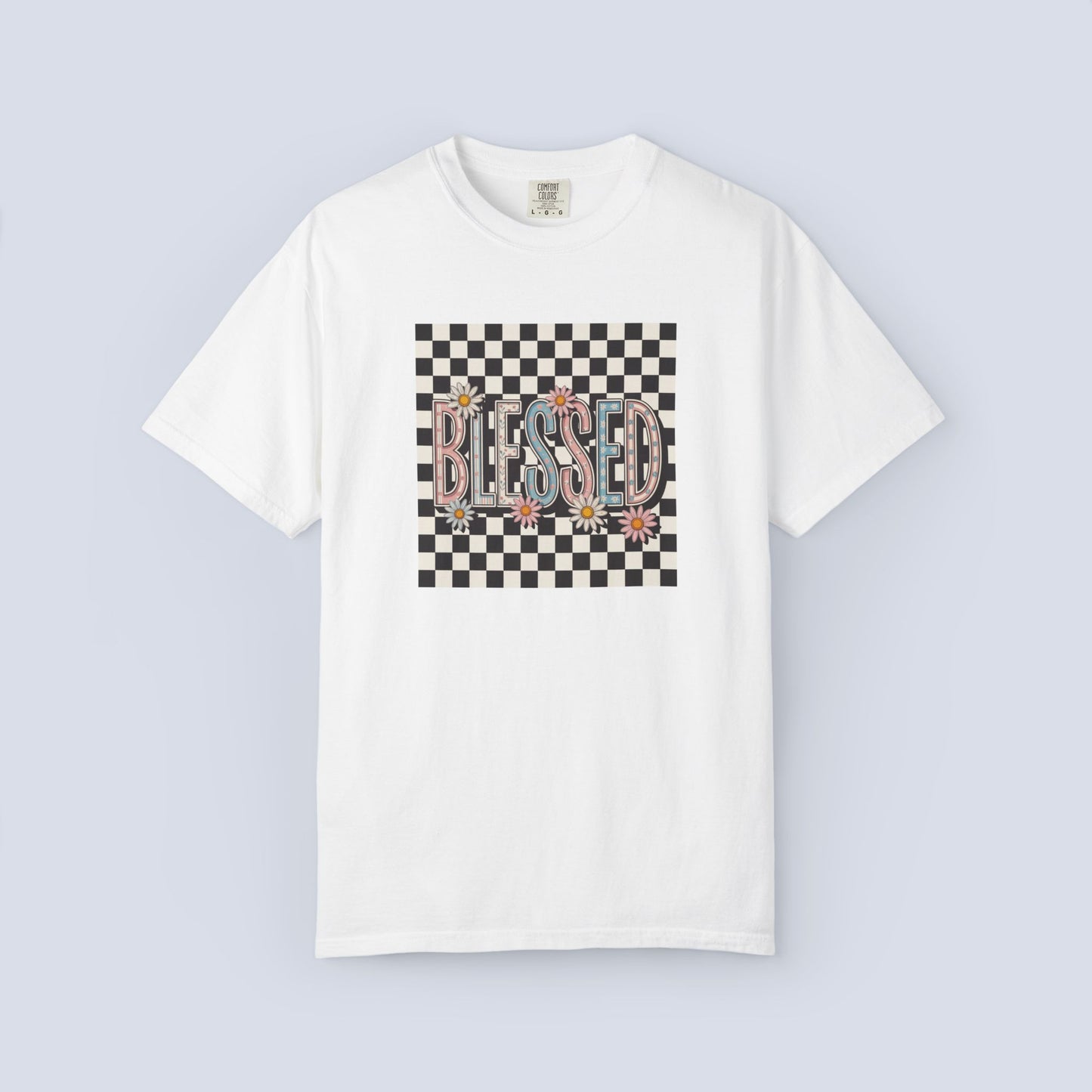 Blessed Checkerboard Floral Shirt | Retro Aesthetic Graphic Tee | Cute Trendy Boutique T-Shirt | Comfort Colors 1717 Unisex Tee