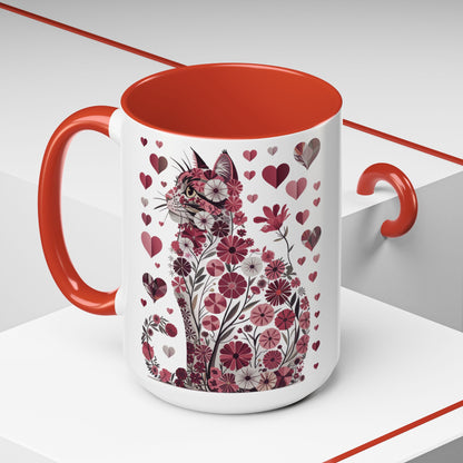 Floral Cat Heart Accent Coffee Mug — Gift Mug (11/15oz)