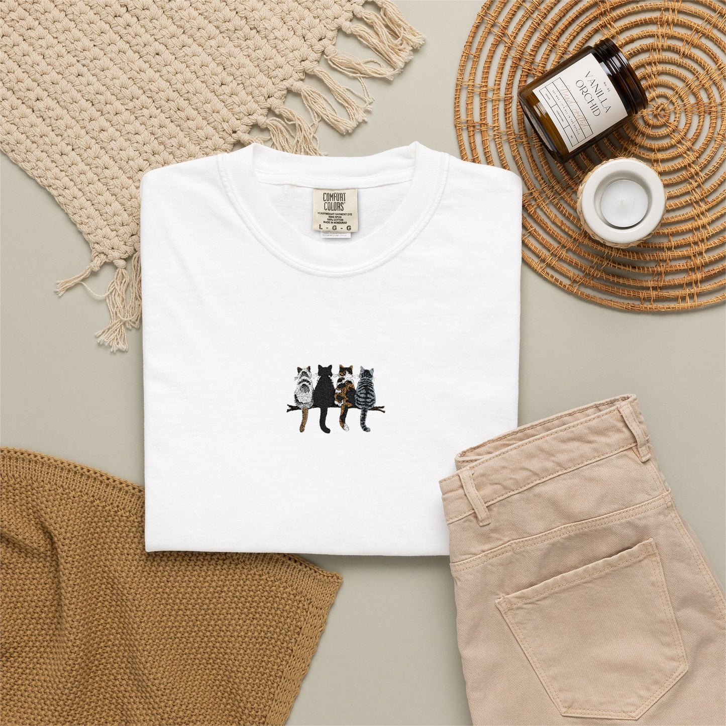 Embroidered Comfort Colors Cat T-Shirt — Cute Cat Patch Tee