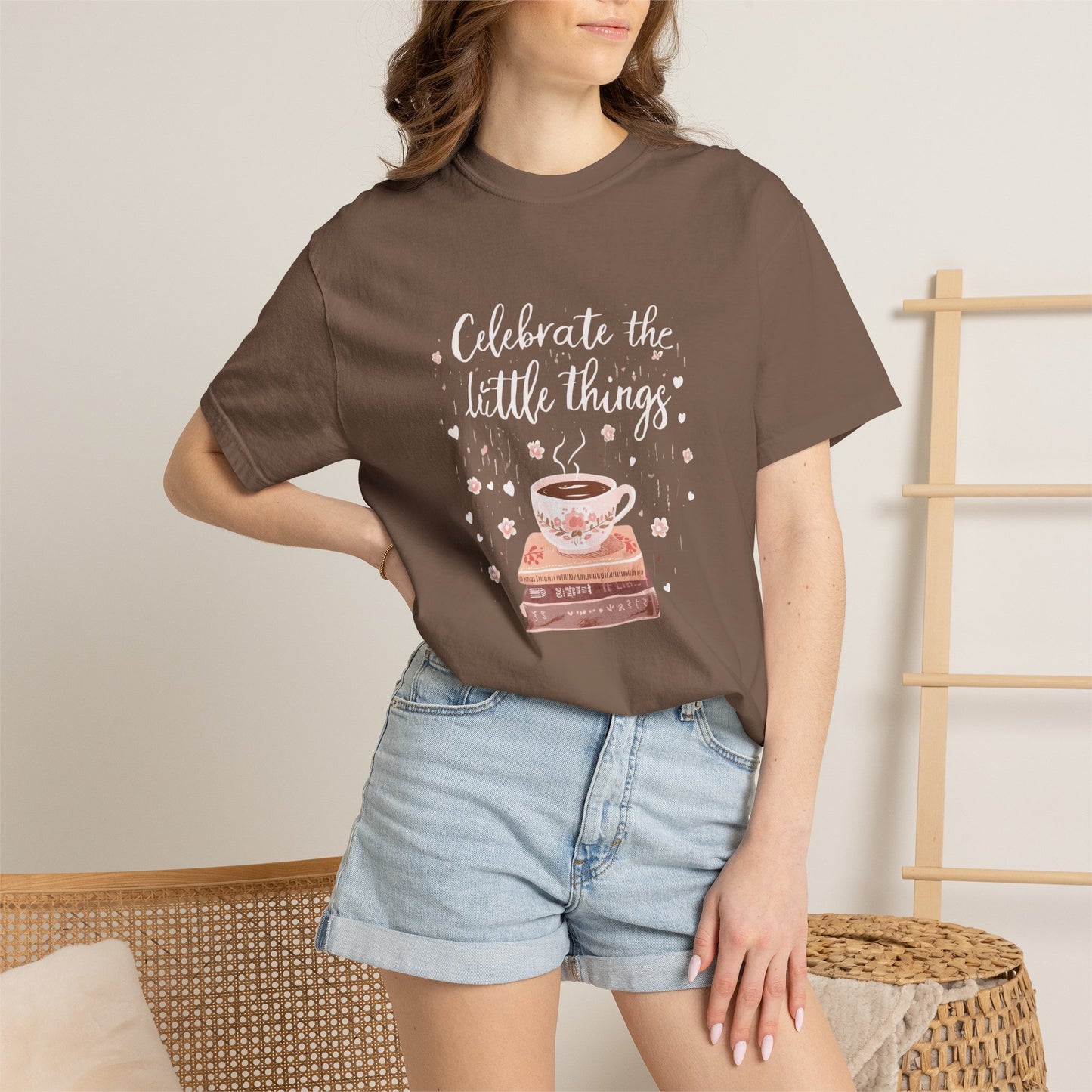 Celebrate the Little Things T-Shirt | Cozy Coffee & Books Graphic Tee | Inspirational Quote Shirt | Gildan 5000