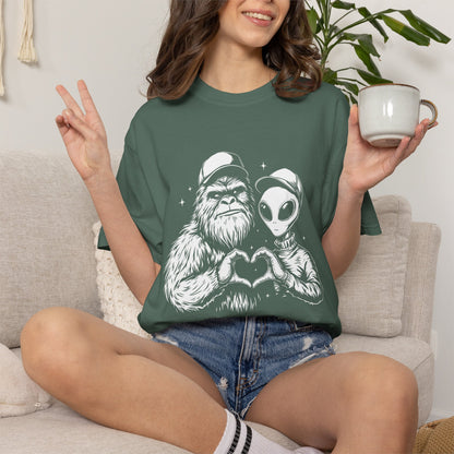 Alien & Sasquatch Heart Tee — Funny UFO Bigfoot Graphic T-Shirt