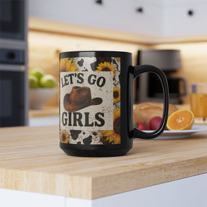 Let’s Go Girls Black Ceramic Mug, Country Sunflower Coffee Cup 11oz & 15oz