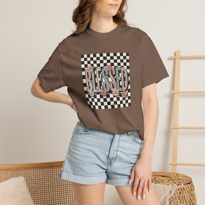 Blessed Checkerboard Floral Shirt | Retro Aesthetic Graphic Tee | Cute Trendy Boutique T-Shirt | Comfort Colors 1717 Unisex Tee