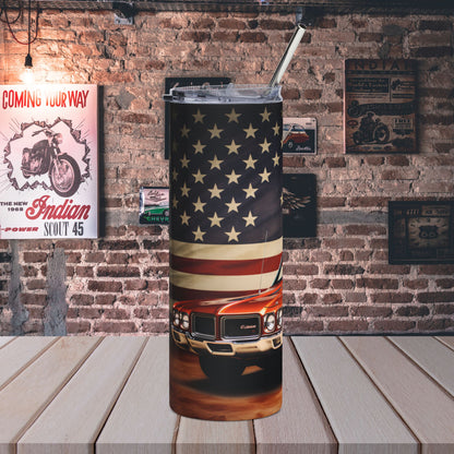 20oz Tumbler , Vintage American Muscle Car with Flag Stainless Steel Travel Cup