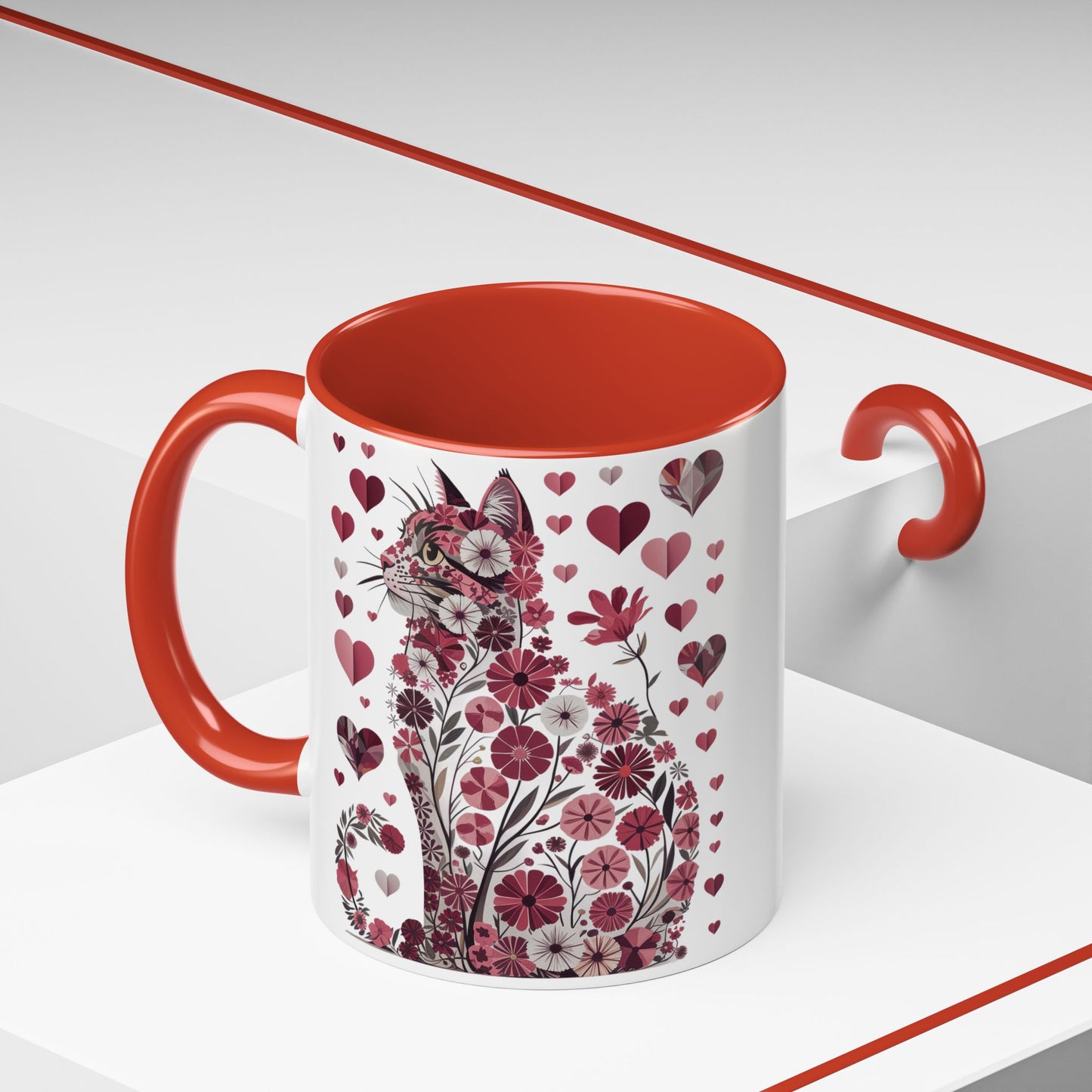 Floral Cat Heart Accent Coffee Mug — Gift Mug (11/15oz)