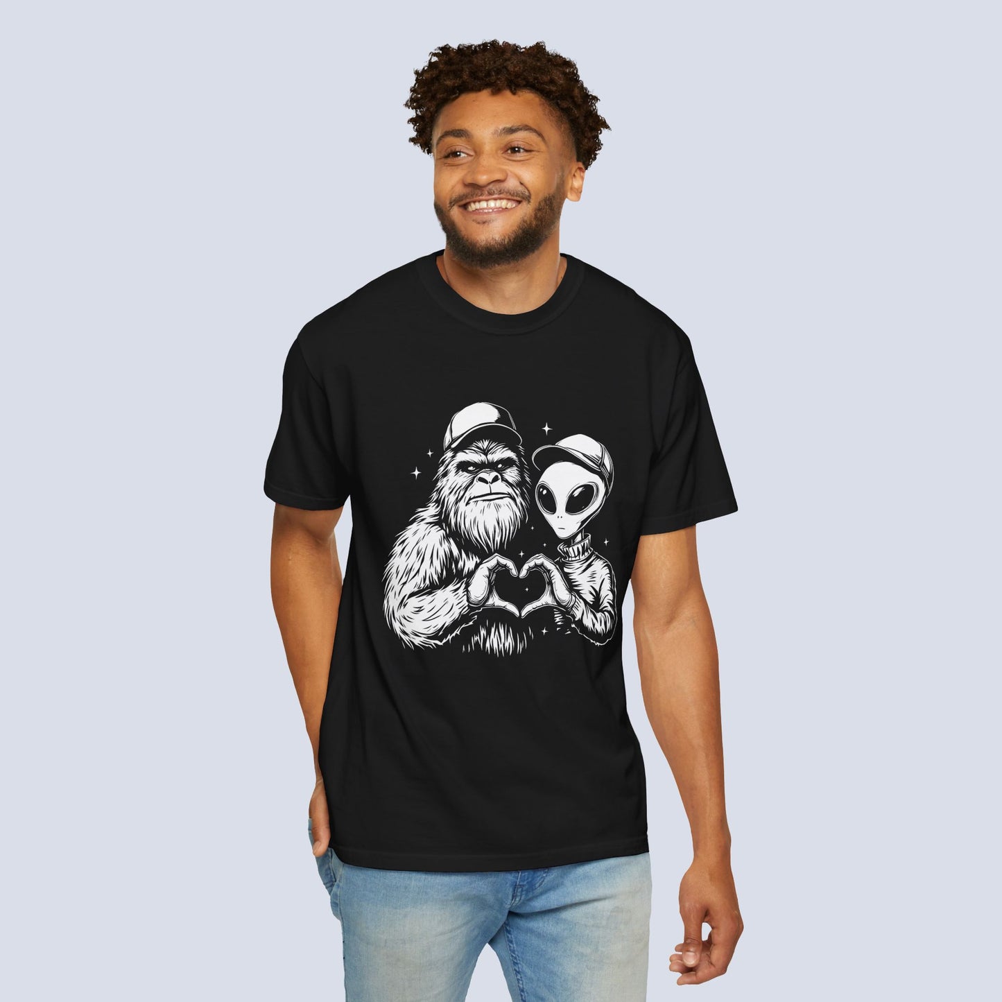 Alien & Sasquatch Heart Tee — Funny UFO Bigfoot Graphic T-Shirt