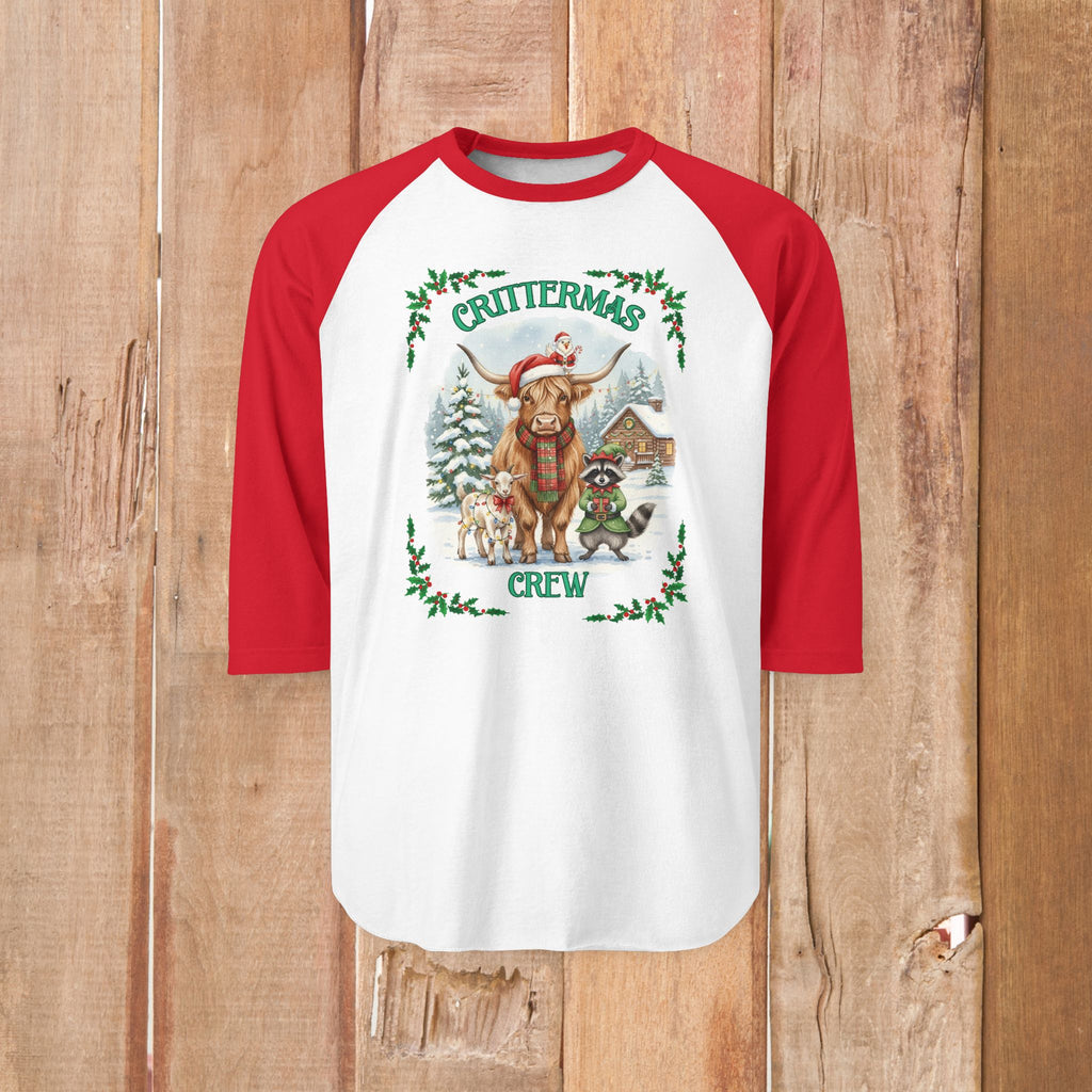 Unisex Three-Quarter Sleeve Raglan Shirt - Crittermas Crew Holiday Tee, Fun Family Gatherings, Christmas Parties, Animal Lovers Gift