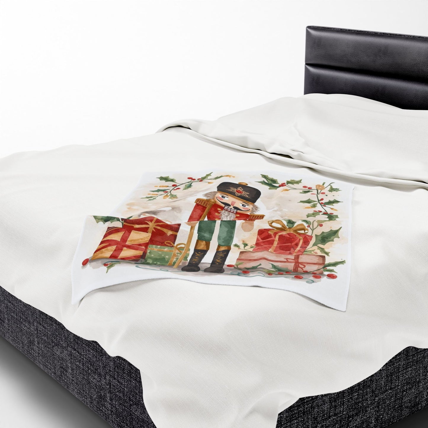 Nutcracker Christmas Velveteen Plush Blanket – Festive Holiday Throw with Presents & Holly
