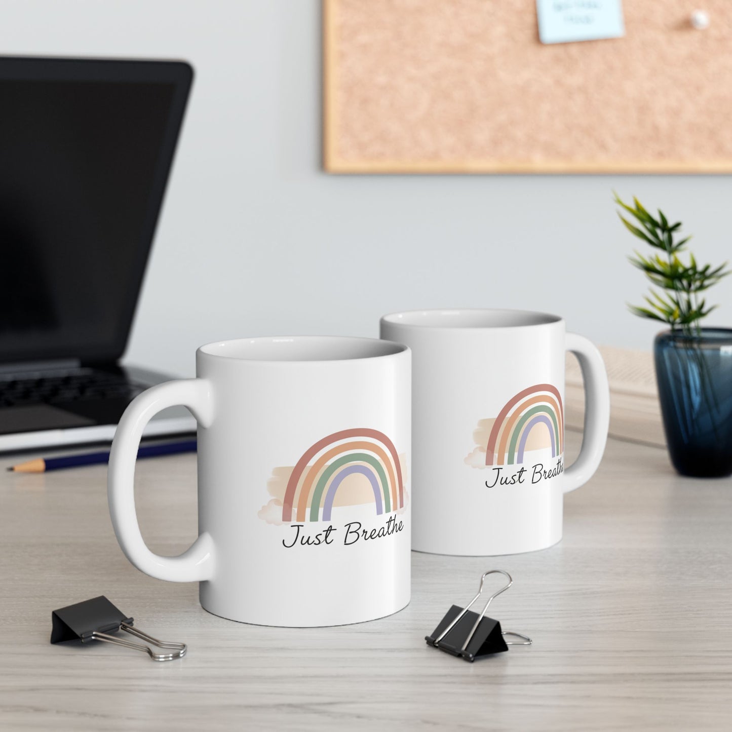 Inspirational Rainbow Ceramic Mug — "Just Breathe" Coffee Cup, Gift Mug  (11oz/15oz)