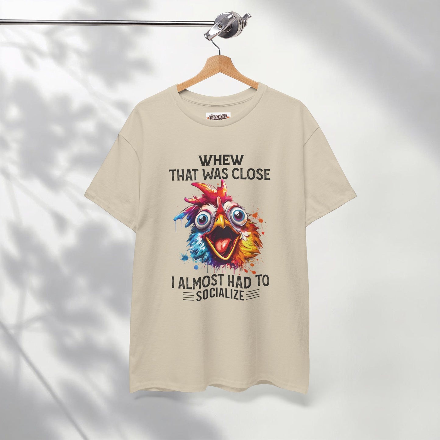 Funny Introvert Rooster T-Shirt | “Whew That Was Close I Almost Had to Socialize” Graphic Tee | Sarcastic Chicken Shirt