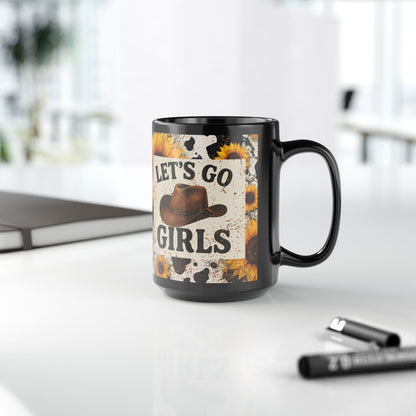 Let’s Go Girls Black Ceramic Mug, Country Sunflower Coffee Cup 11oz & 15oz