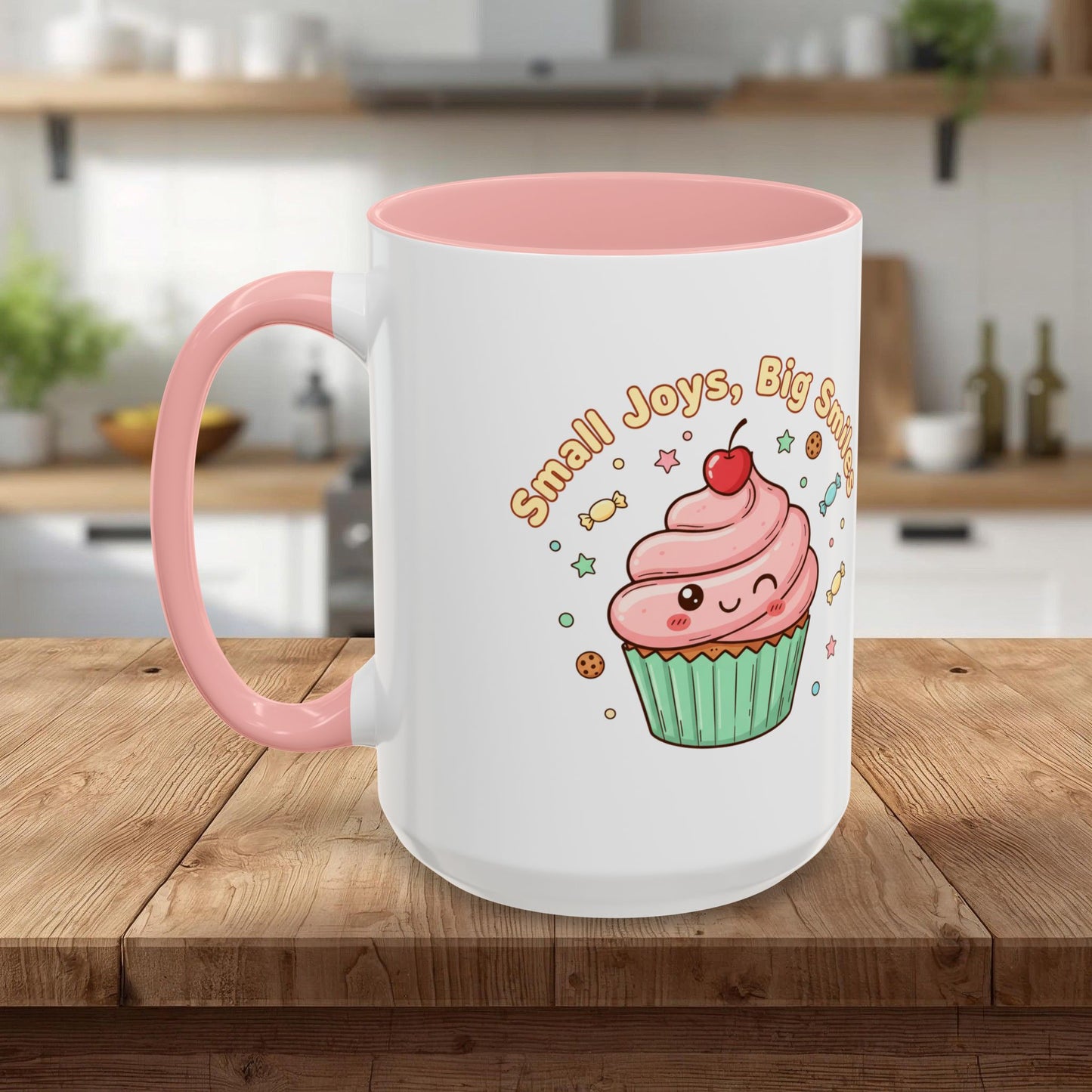 Cupcake Mug - "Small Joys, Big Smiles" Cute Kawaii Accent Coffee Mug/ Gift Mug (11/15oz)
