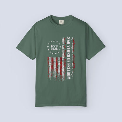 "250 Years of Freedom 1776–2026" Distressed American Flag Patriotic Tee