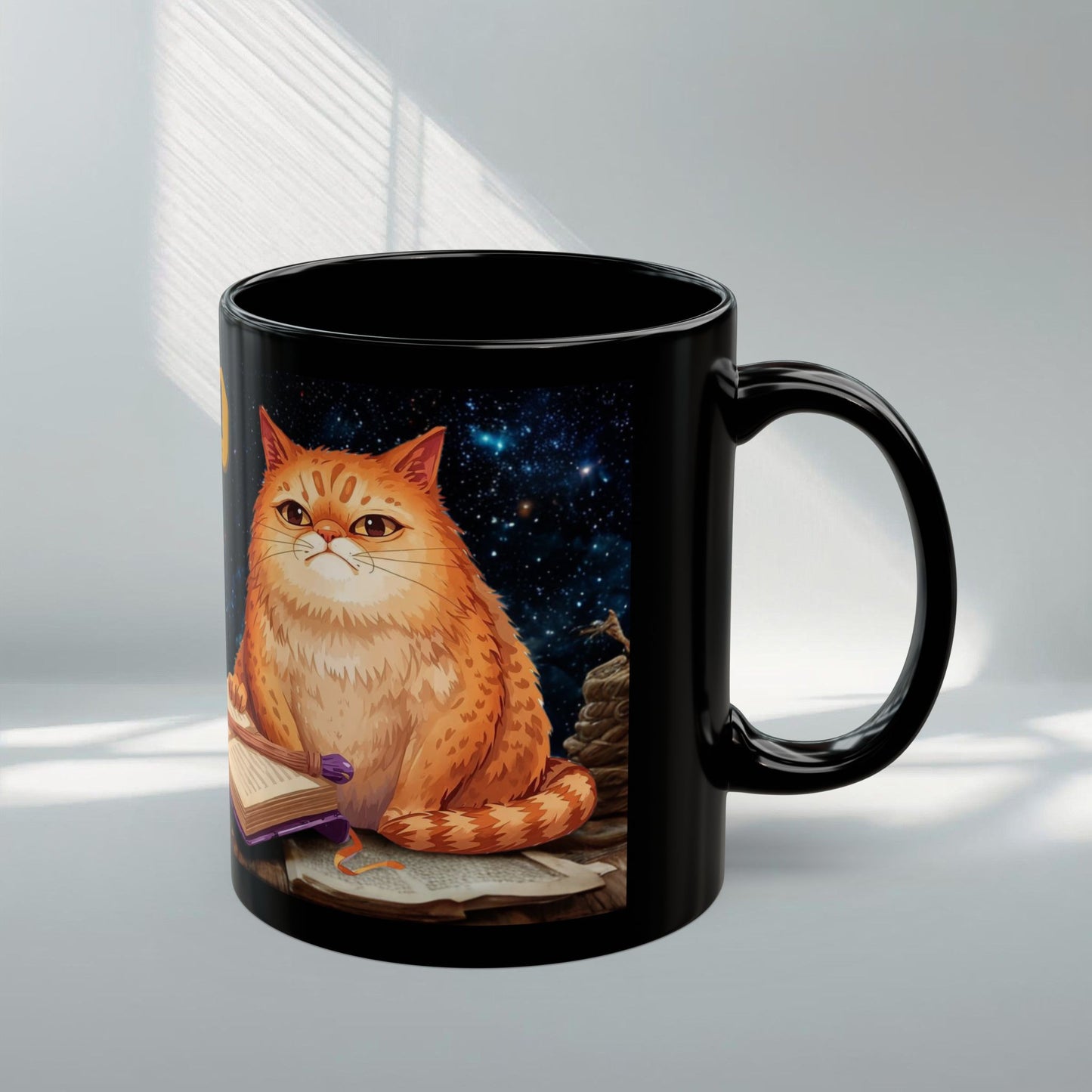 Magical Owl & Cat Mug – Black Fantasy Coffee Cup 11 oz-15 oz